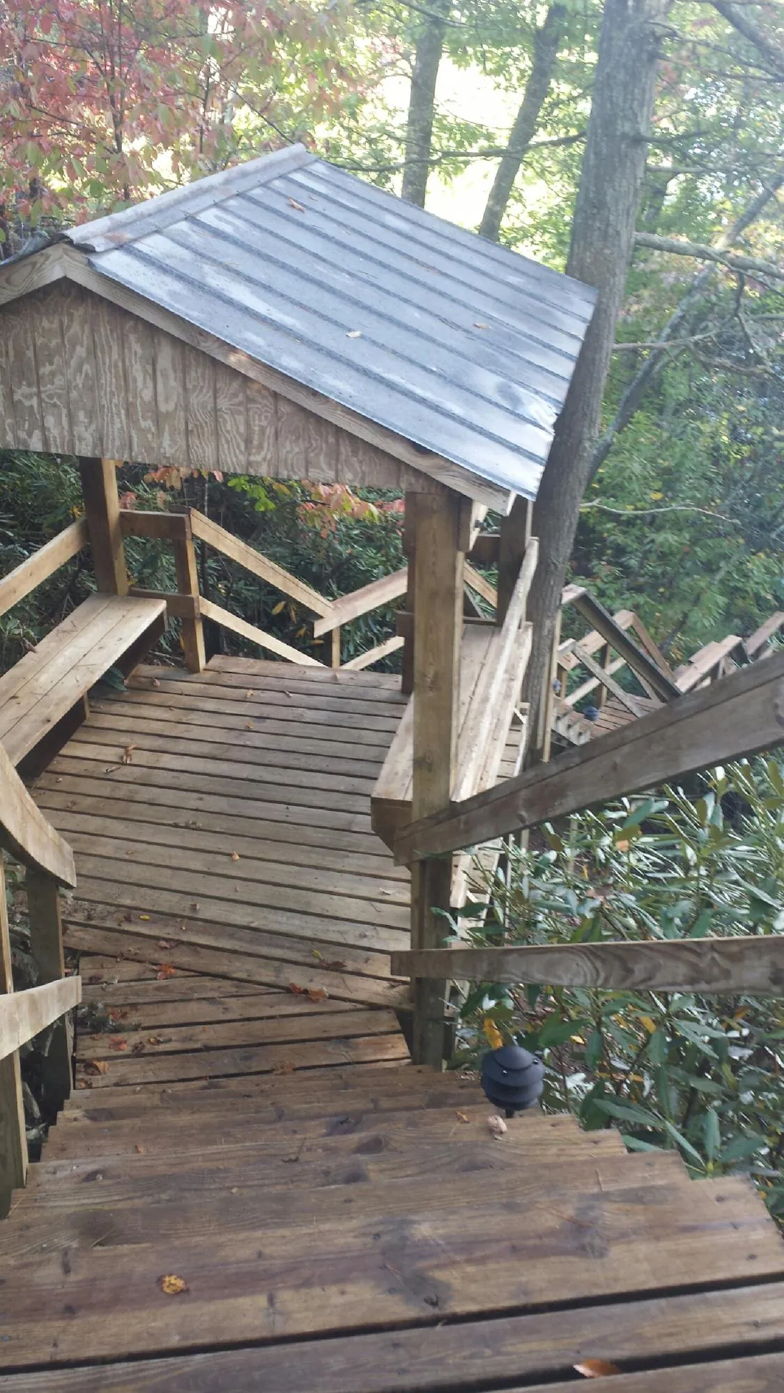 Metal roofed shelter over wooden steps on a wooded walkway — Skylight Repair & Installation work by our crew in Shelby
